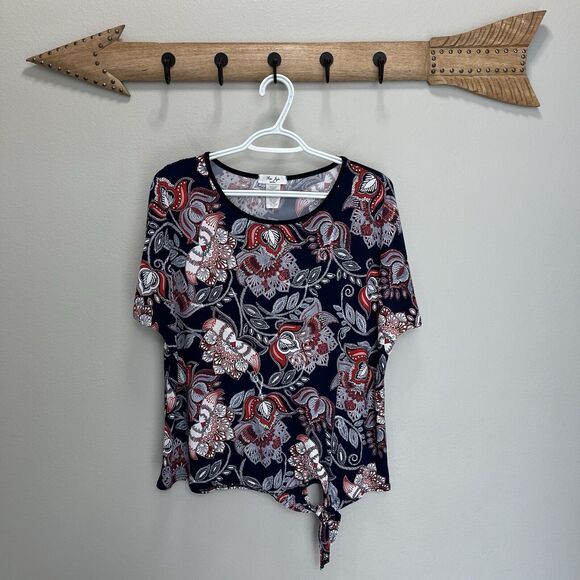 Rue Juju | Blue Red Textured Floral Tie Waist Stretchy Short Sleeve Top Petite M - Picture 1 of 5